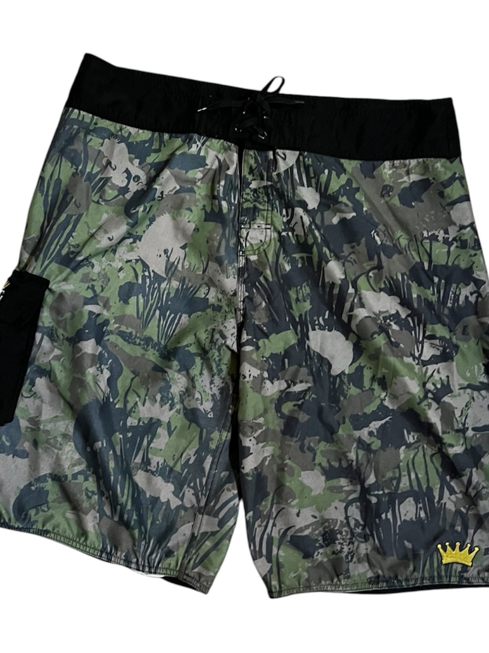 Men's  Bass King Fishing Green Camo Hybrid Swim Shorts with Black Waistband